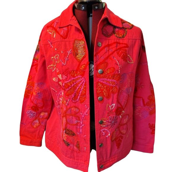 Laura Ashley Fully Embroidered Beaded Denim Jacket Collar Long Sleeves Size S... - Picture 1 of 16